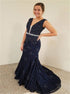 Mermaid V Neck Lace Prom Dresses with Beading LBQ3327